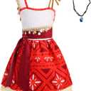Princess Costume for Girls,Ocean Adventure Outfit Dress for Kids,Halloween Costume Dress Up with Necklace for Girls (2XL/140, Red)