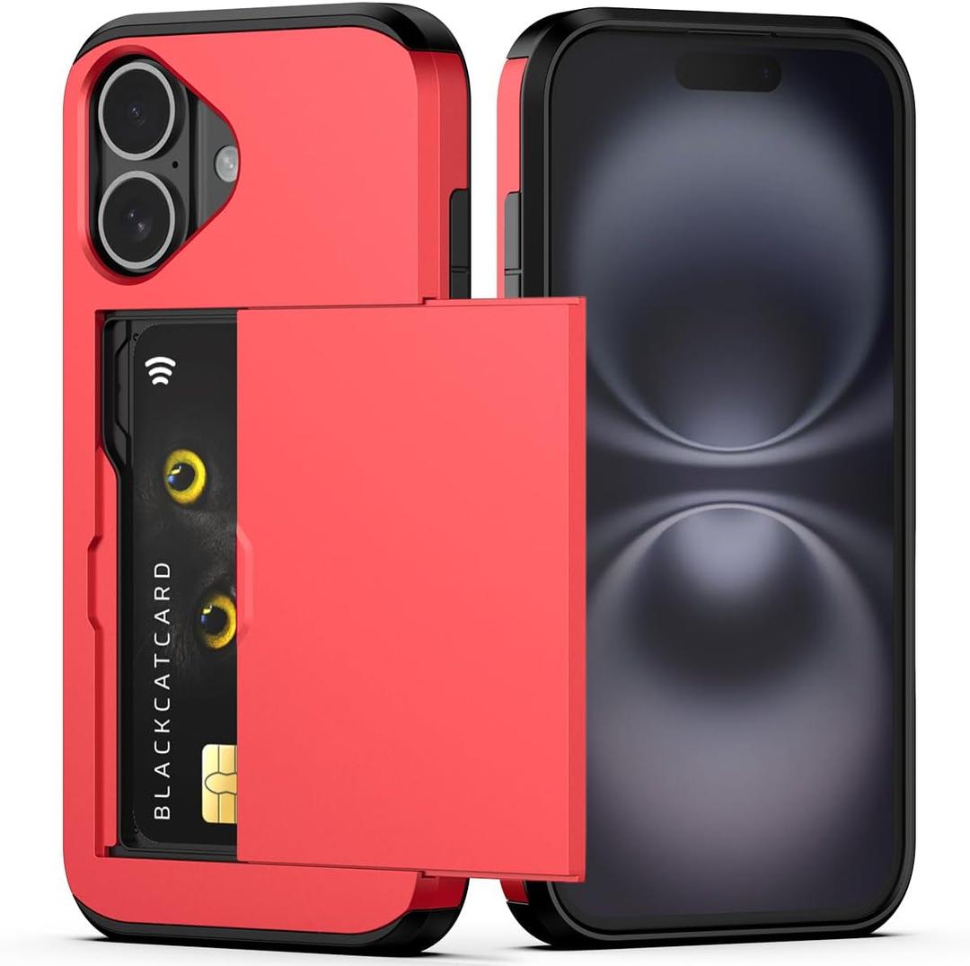 Nvollnoe Compatible with iPhone 16 Case with Card Holder Heavy Duty Protective Dual Layer Shockproof Hidden Card Slot Slim Wallet Phone Cover for iPhone 16 for Women&Men 6.1 inch(Red)