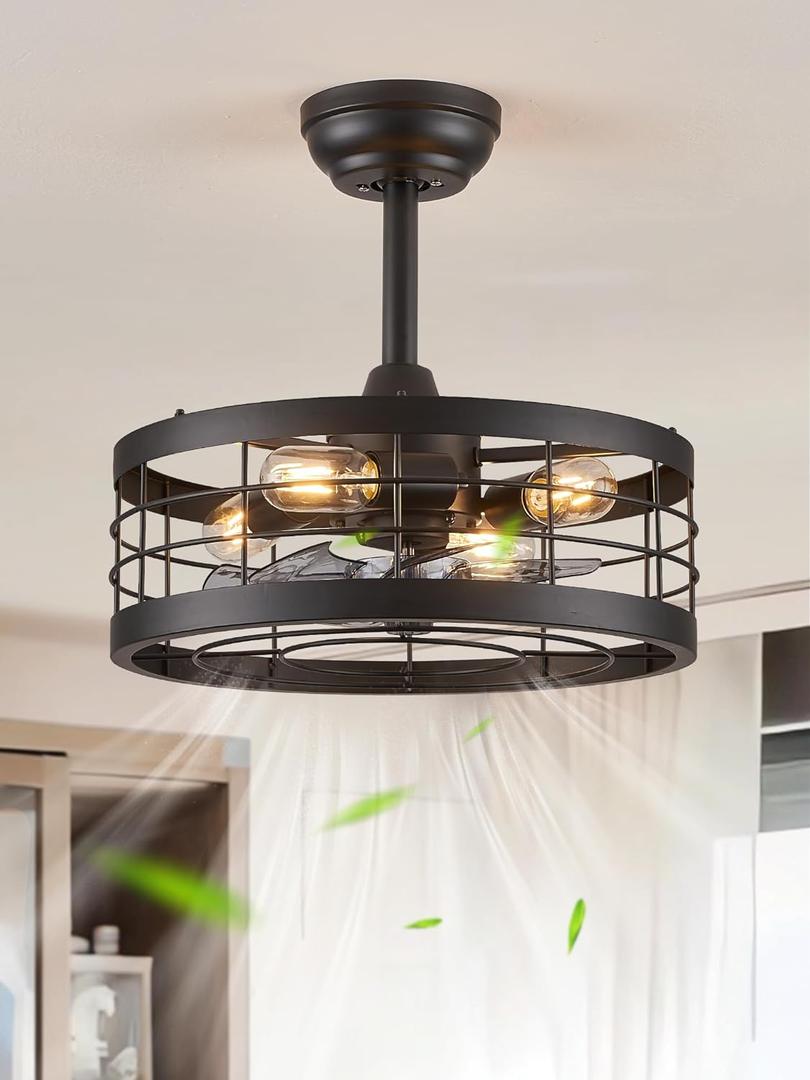 LEDIARY 16.5 inch Black Caged Ceiling Fan with Light, Fandelier Industrial Ceiling Fan with Remote, Farmhouse Fan Lights Ceiling Fixtures for Kitchen, Bedroom, Outdoor6 Speed, Timing-Black