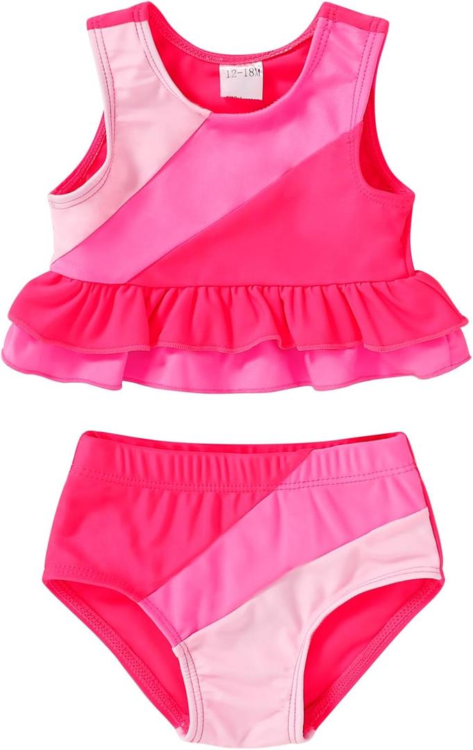 YOUNGER TREE Toddler Baby Girls Summer Swimsuit Sleeveless Striped Swimwear Two-Piece Suit Beach Bikini (6-12 Months, Neon Hot Pink)