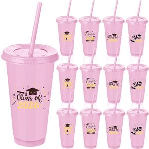 Kochorie 24 Pack 24 OZ Graduation Plastic Cups with Lids and Straws Reusable Party Cups Thick Plastic Congrats Grad Tumbler Bulk for Class of 2026 Graduation Party Supplies, Pink