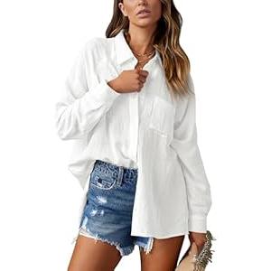 AISEW Womens Casual Button Down V Neck Shirts Raglan Long Sleeve Loose Fit Collared Work Blouses Tops with Pocket (White, XL)