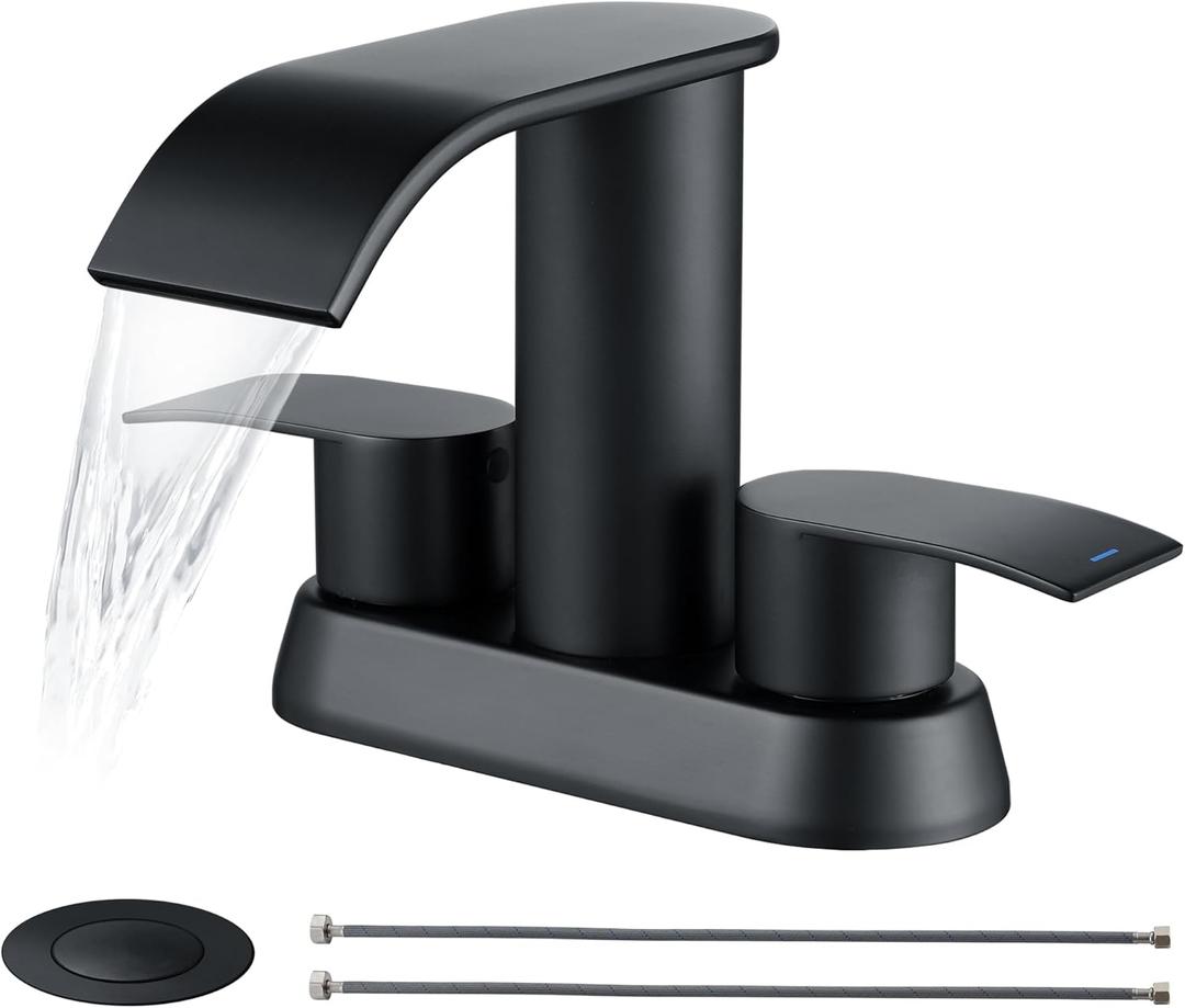 Ultimate Unicorn Black Waterfall Bathroom Faucet, 4 Inch Bathroom Sink Faucet for 3 Hole or 2 Hole, Anti-Splash Design Sink Faucets with Pop Up Drain, Easy Install for Vanity, RV, Lavatory