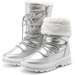 HEAWISH Womens Winter Snow Boot Fur Lined Mid Calf Warm Boots (9, Silver)