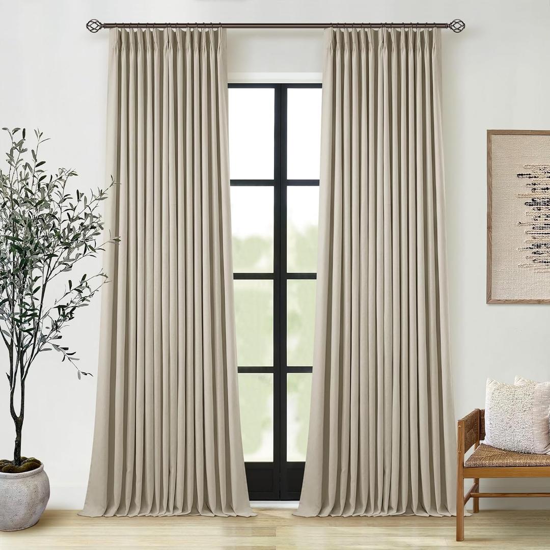 Burlywood Birch Pinch Pleated 105 Inch Linen Blackout Curtains 2 Panels for Living Room Bedroom Thermal Insulated 100% Black Out Linen Drapes with Liner Room Darkening Window Curtains 40x105 Taupe