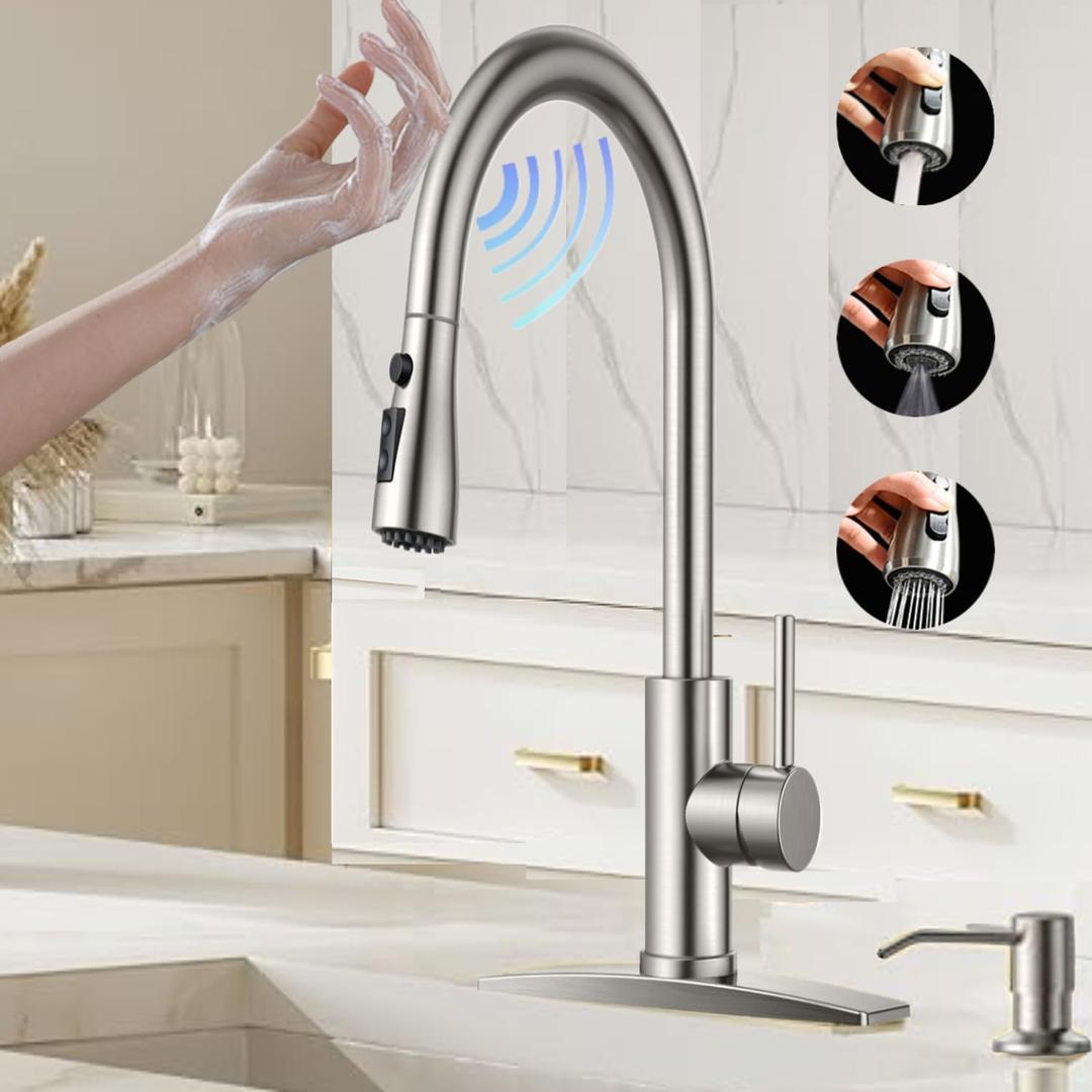 Touch On Kitchen Faucet, 3 Modes Pull Down Sprayer, Touch On Sensor Activated, Ceramic Disc Valve, 360-Degree Rotation,1 or 3 Hole Deck Plate. (Brushed Steel, KW-69SN)