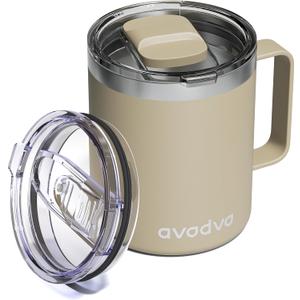 12oz Insulated Coffee Mug with Lid  Includes Two Lids, Stainless Steel Coffee Travel Mug with Handle, Double Wall Vacuum Insulated Camping Mug for Home, Office & Outdoor, Brown