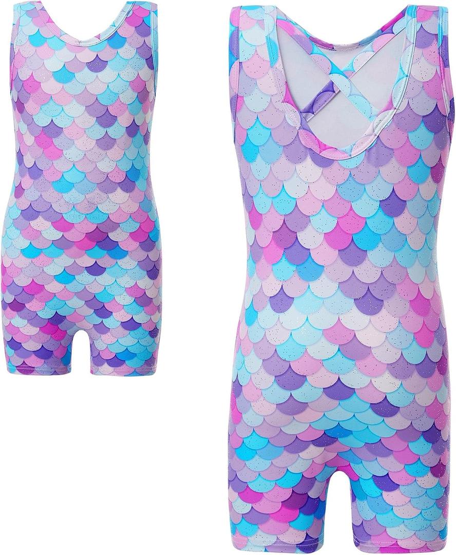 Haloumoning Girls Gymnastics Leotards with Shorts Kids One-Piece Sparkly Mermaid Dance Biketards Unitard 4-12Y