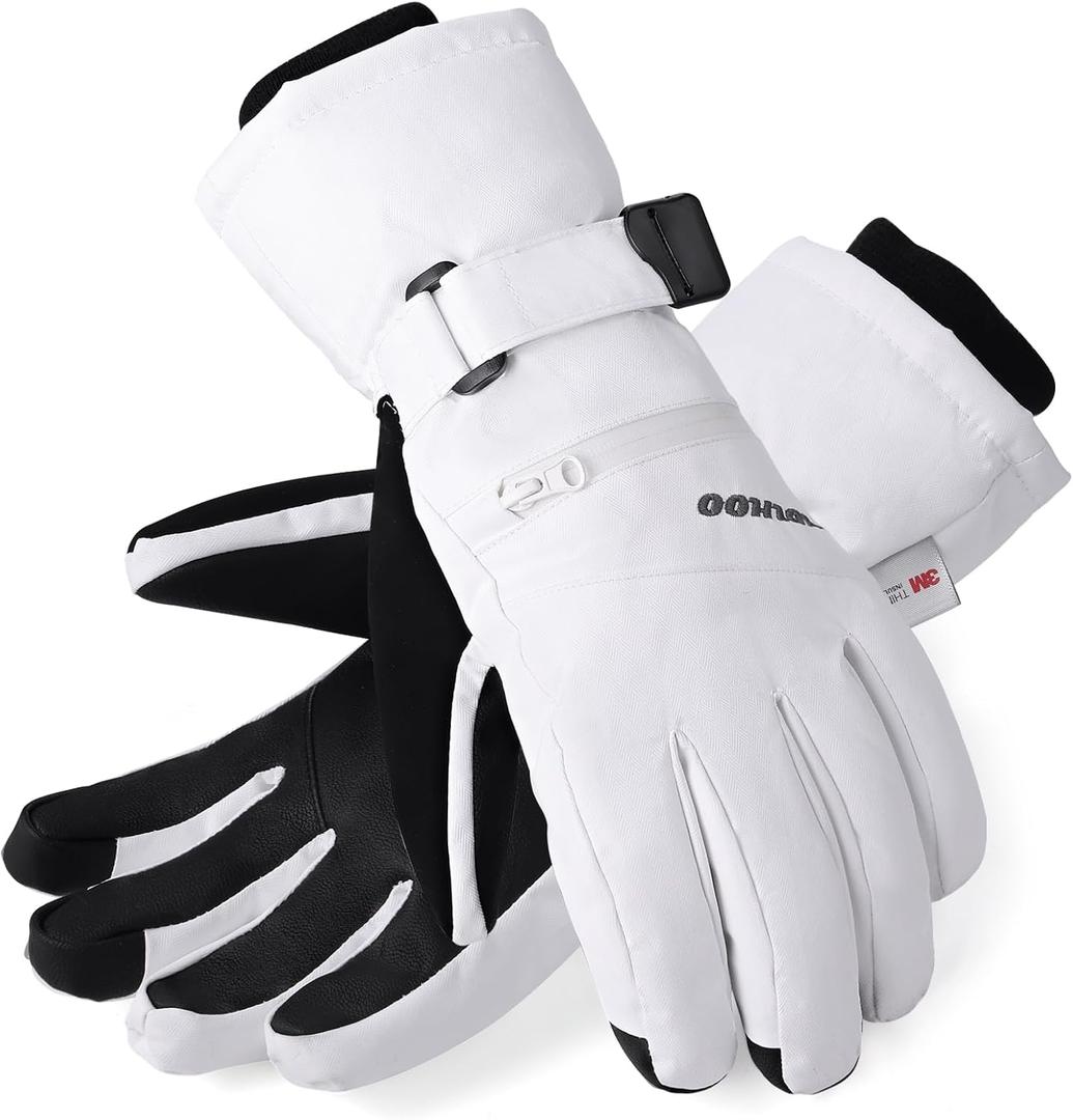 Waterproof Warm 3M Thinsulate Snow Gloves - Touchscreen, Cold Weather Winter Gloves for Snowboarding, Fits Both Men & Women (Small, White)
