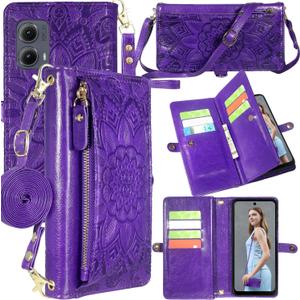 Harryshell Crossbody for Motorola Moto Edge 2024 Wallet Case [10 Card Slots] with [Theft-Scan Blocking],Cash Coin Zipper Pocket Long Shoulder & Wrist Strap (Floral Purple)