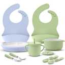 Teenyyou 9 Pcs Porcelain Kids Plates and Bowls Feeding Set with Suction, Ceramic Baby Toddler Divided Plates Silicone Sleeve Bowls Forks Spoons Cup Bib Microwave Dishwasher Safe(Sweets)