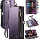 Defencase for iPhone 16E/17E Case Wallet with RFID Blocking Card Holder Slots for Women Men, Elegant PU Leather Magnetic Snap Flip Wristlet Strap Zipper Wallet Phone Cases for iPhone 17e & 16e, Purple