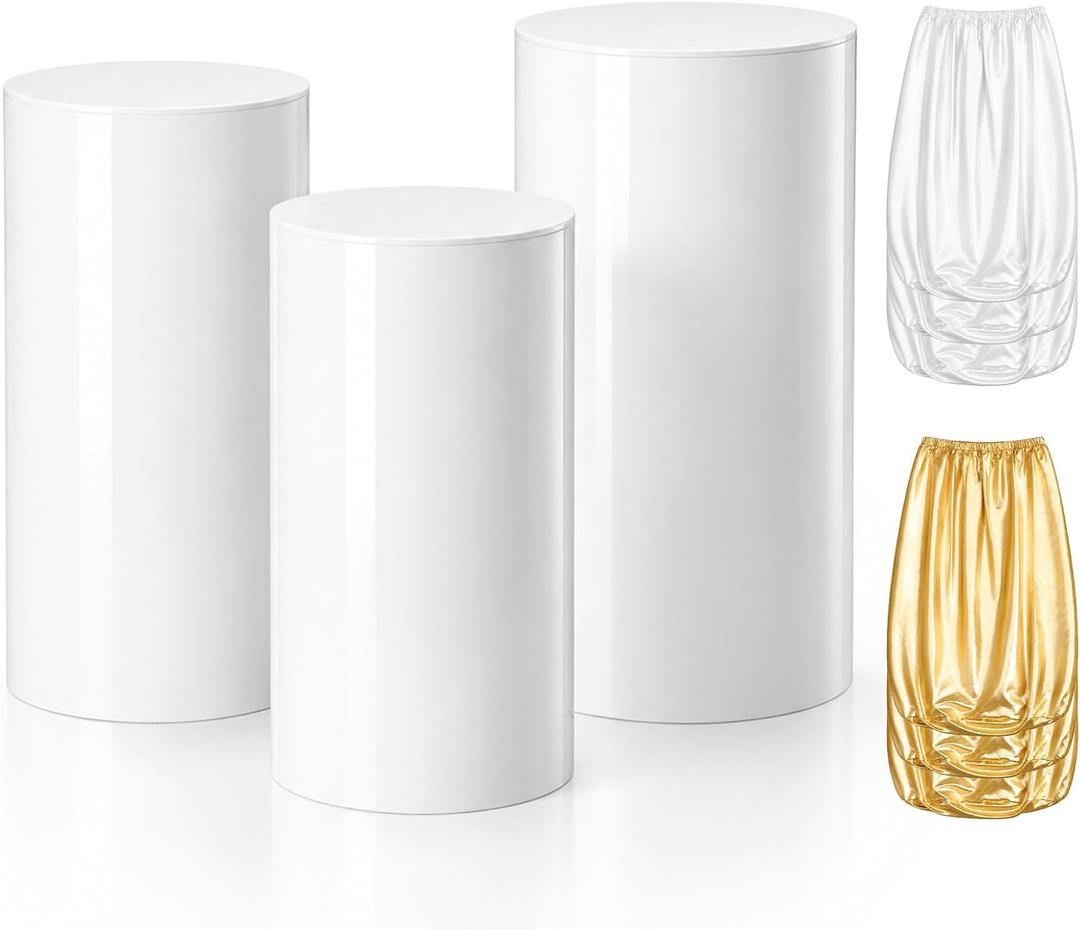 3 White PVC Cylinder Pedestal Stands with 6 Spandex Cloth Covers
23.6'' 21.6'' 19.7'' Cake Stand Display Plinths, Gold White Fabric Covers, Birthday Party Wedding Decoration