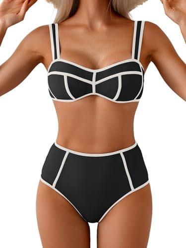 Eomenie Bikini Sets for Women Two Piece Swimsuits High Waisted Color Block Bathing Suits Tie Back Swimwear, Size L