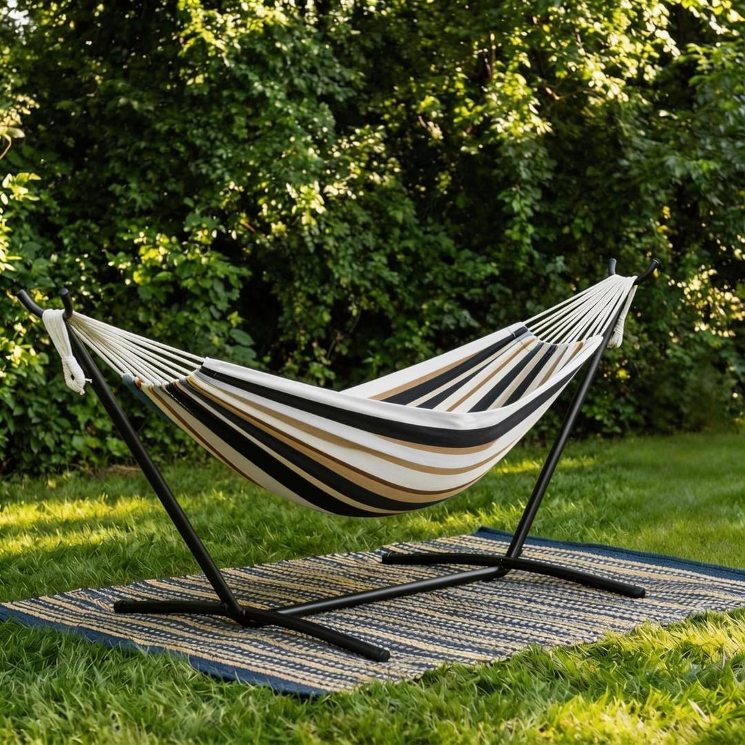 Double Hammock with Steel Stand - 2 Person Hammock Bed Indoor Outdoor, Brazilian-Style, with Carry Bag, 450lb Capacity, Portable & Easy Assembly, Coffee