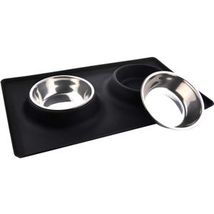 Dog Bowls with Mat, Cat Water Food Bowl Set (13.5oz Each) in No Spill Silicone Mat, Dual Pet Feeder Bowl for Puppy, Cats, Small Medium Dogs (Square, Black)