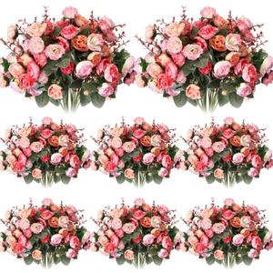 Geosar 8 Pcs Rose Artificial Flowers Fake Flowers Bouquet 21 Heads Silk Faux Floral Bundles with Stem for Home Bridal Wedding Arrangements Table Centerpieces Party Decor (Pink)