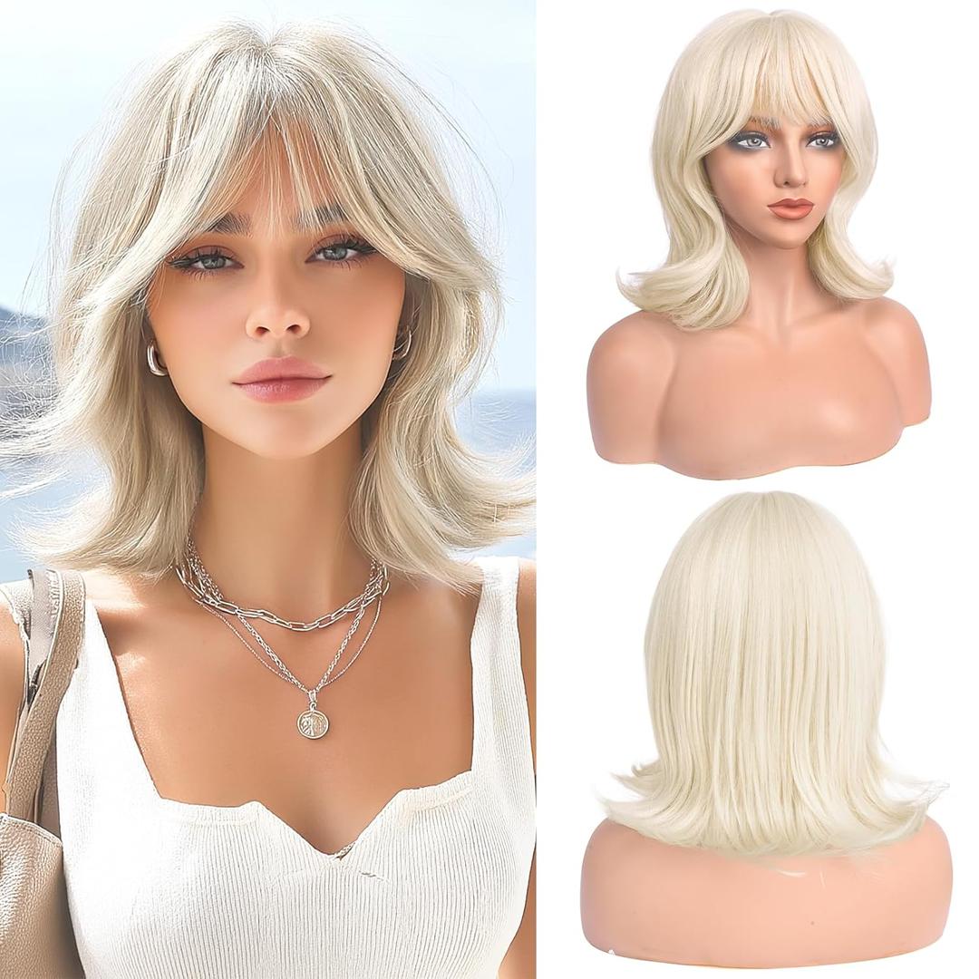 Haloo Blonde Short Bob Wigs with Bangs Shoulder Length Wavy Layered Flipped Ends Natural Looking Medium Synthetic Hair Wig for Women Daily Party, 14 Inch Light Blonde