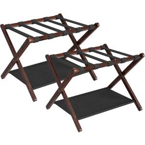 HOOBRO Luggage Racks, Set of 2 Folding Luggage Holders, Bamboo Suitcase Stands, with Nylon Straps and Oxford Fabric Shelf, for Guest Room, Hotel, Bedroom, Brown and Black BR17XLP201G1