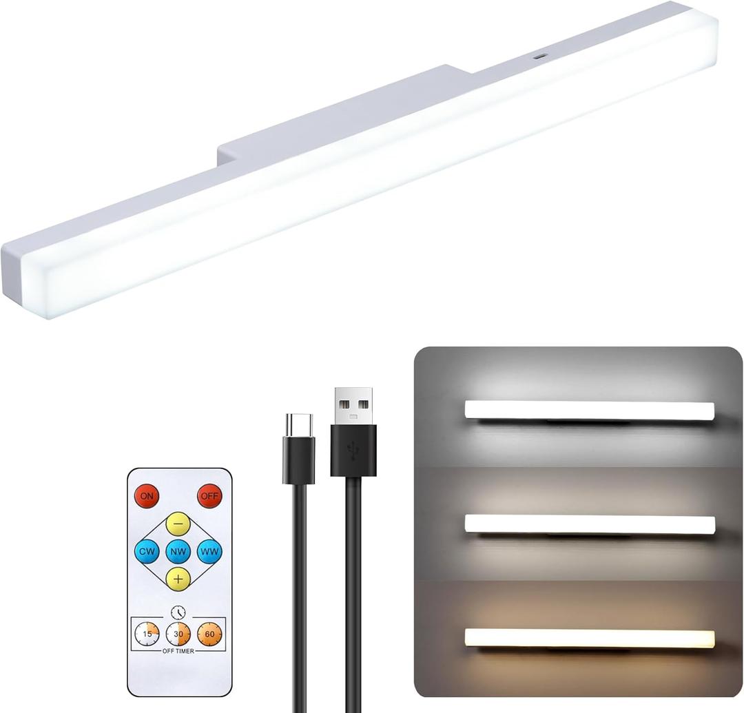 5W Rechargeable wall Sconces,16 inches Mirror Vanity Lights with Remote Dimmable and Timer,4000Mah and 3CCT,Magnetic Led Lights Bar for Makeup MirrorClosetCabinet, WorkbenchUnder-Counter (1Pack, 6400k+4000K+3000k)