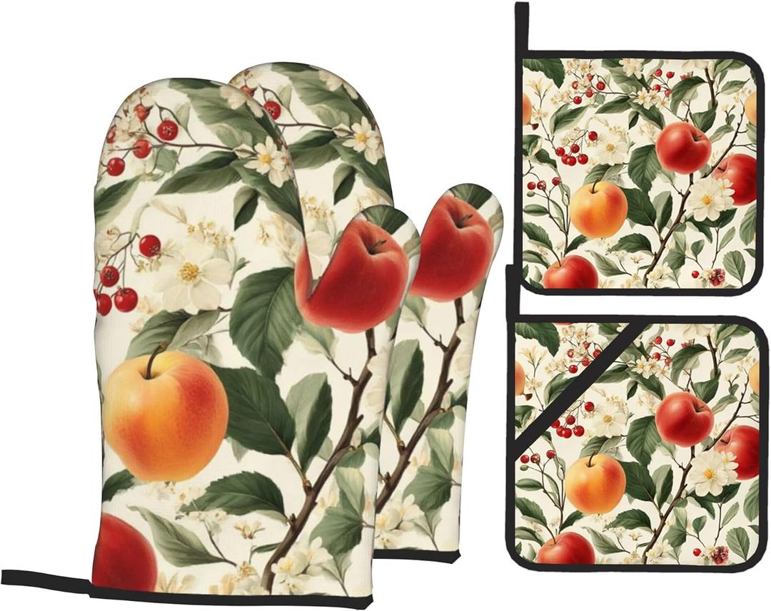 Apple Flower Oven Mitts & Potholder Set of 4 - Heat Resistant Kitchen Gloves Hot Pads for Baking, Cooking, Gifts for Women