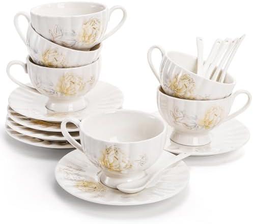 Amazon.com | WRINGKIT Tea Cups and Saucers Set of 6, 7 Oz Floral Tea Cups, White Porcelain Tea Cup with Saucer, British Coffee Cups Sets for Women Teas Party, Cappuccino, Latte, Microwave Safe: Cup & Saucer Sets
