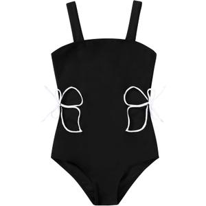 Girls Swimsuit One Piece Bathing Suit Adjustable Straps Solid Color Cut Out Butterfly Girls' Swimwear for 7-14Y (7-8 Years, Black and Butterfly)