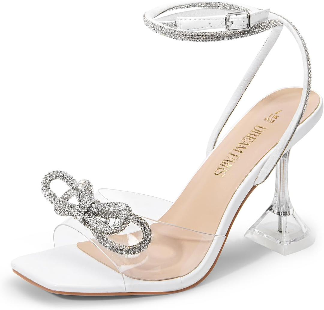 DREAM PAIRS Stiletto Bow Heels for Women Strappy Sparkly Rhinestone Square Toe Clear Crystal High Sandals for Party Wedding (7, White-pu)