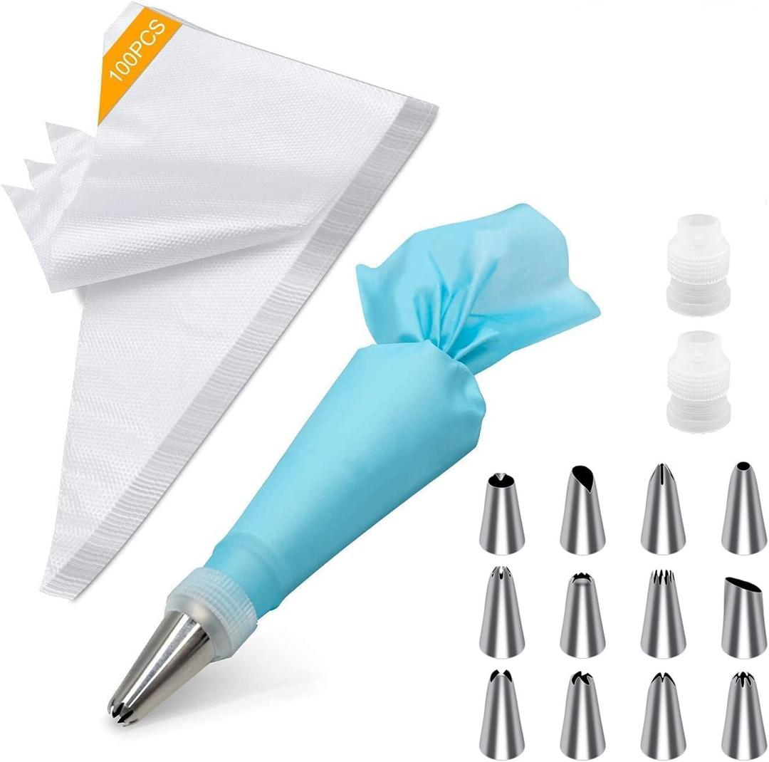 Tamodan Piping Bags and Tips, Cake Piping Bags and Tips Suitable for Beginners Included 100PCS 16 Inch Disposable Piping Bags with 12 Piping Tips Set, 2 Coupler and 1 Reusable Pastry Bags