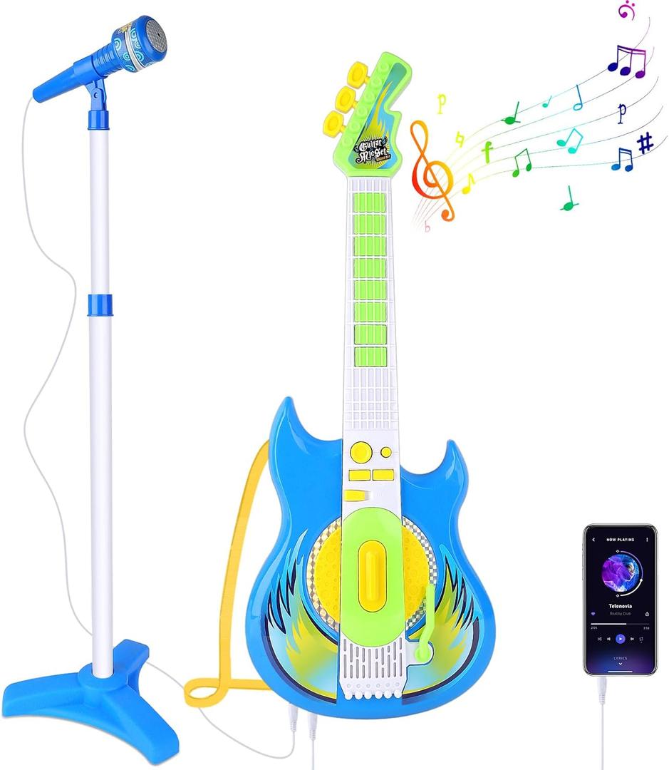 deAO Guitar and Microphone Set for Kids, Adjustable Height Microphone with Stand 8 Music Cord Keys Songs String Bar Colorful Light, Karaoke Toys Pretend Play Guitar Gift for Boy Girls Toddlers, (Blue)