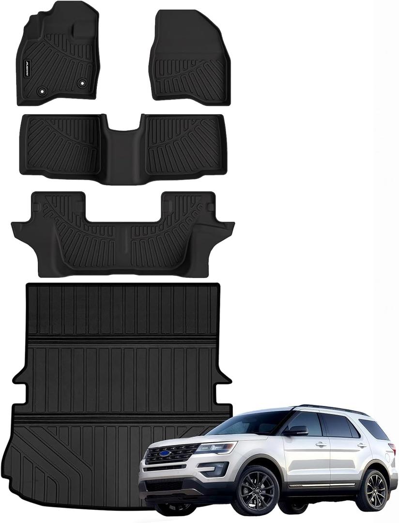Floor Mats for 2015 2016 2017 2018 2019 Ford Explorer & Large Cargo Liner,TPE All Weather Protection Car Floor Liners with Foldable Big Trunk Mat Accessories