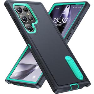 BaHaHoues for Samsung Galaxy S24 Ultra Case with Built in Kickstand, Shockproof/DropProof Military Grade Protective Cover for Galaxy S24 Ultra 5G (Dark Blue/Aqua Blue)