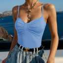 Tankaneo Womens Summer Y2k Spaghetti Strap Tops V Neck Slim Fit Backless Crop Tops Going Out Ruched Cami Shirts (Blue)