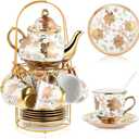 Zhehao 20 Pcs Porcelain Tea Set with Metal Holder and Spoon Adult Ceramic Tea Set European Flower Painting Teapot Cup Saucer Spoon for Women, Large Version(Elegant Style)