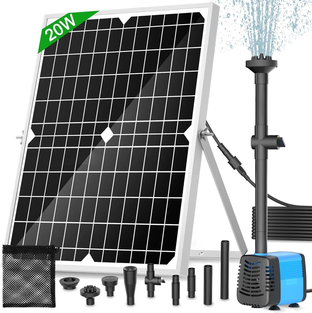 Solar Fountain Pump, 20 Watt Solar Powered Water Pump 350GPH Flow Adjustable with 4 Style Sprayers & Barrier Bag for Outdoor Ponds, Water Features, Fish Tank, Waterfall, Hydroponics, Pool