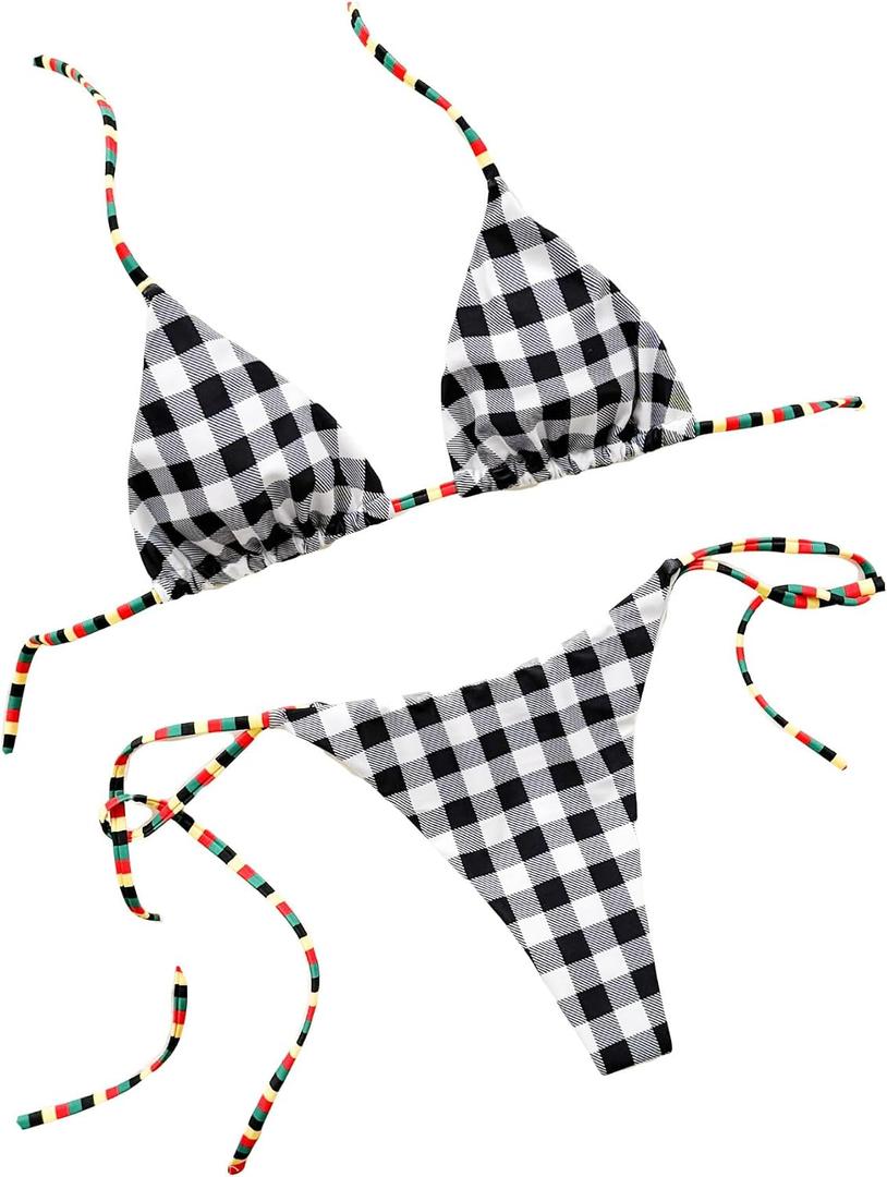 Women's Plaid Print Colorblock Bathing Suit Halter Summer Boho Swimsuit Bikini Set (L)