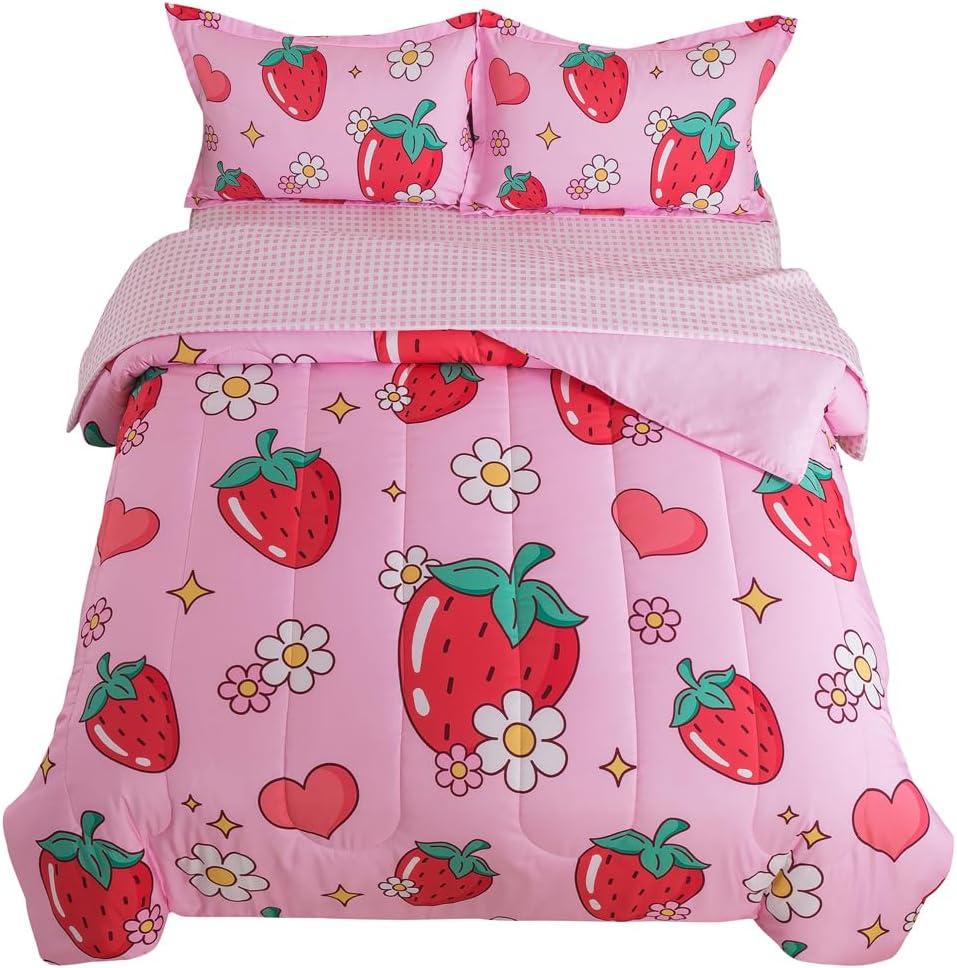 ADASMILE A & S Kids Strawberry Comforter Set Twin Size for Girls 5 Piece Pink Kawaii Flower Bedding Set Kids Strawberry Bed in A Bag Comforter (1 Comforter,1 Flat Sheet,1 Fitted Sheet & 2 Pillow Sham)