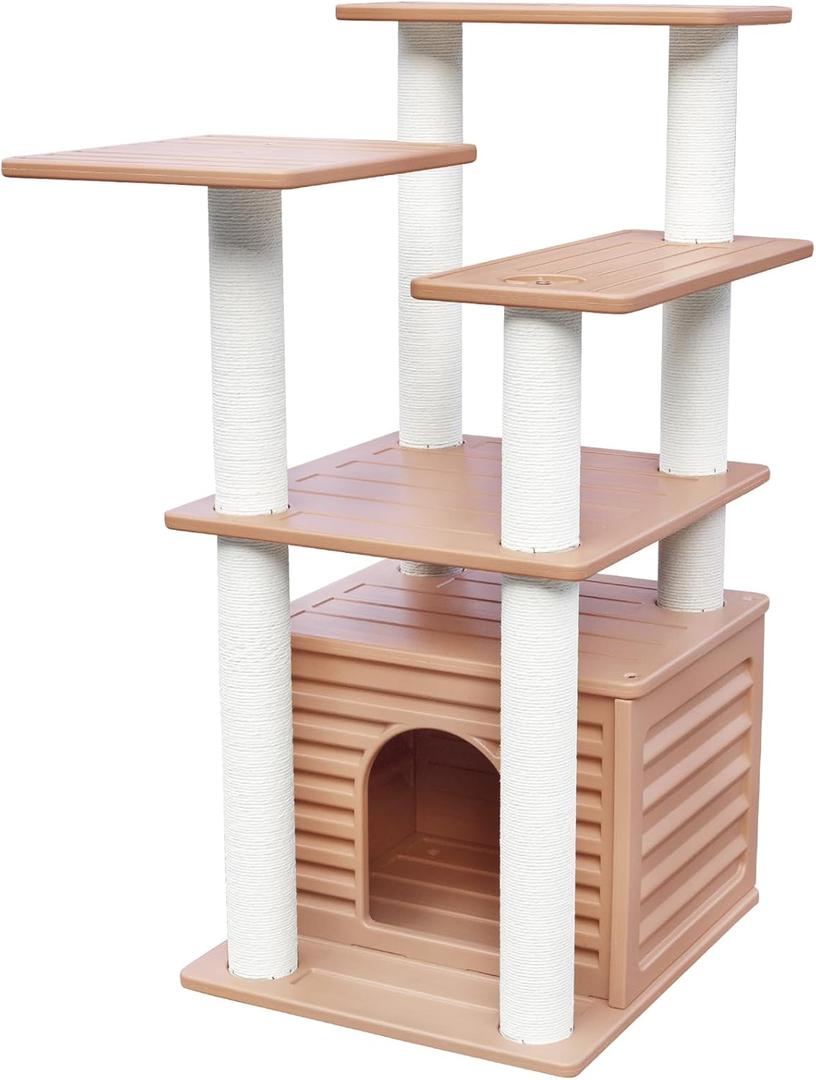 46 Indoor and Outdoor Cat Tree Tower, Cat House for Outdoor Cats, Weatherproof Cat Condo with Scratching Posts