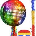 Aoriher Disco Party Pinata, Roller Skating Pinata with Blindfold Mask, Stick, Confetti & Colorful Square Decor, Ideal for 80s 90s Themed Birthdays, Weddings, Festivals & KTV