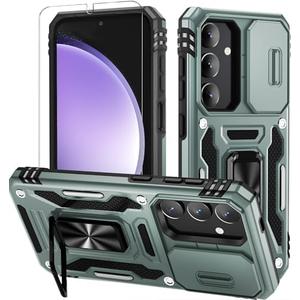 Pack of 3, WRJ for Samsung Galaxy S25/Galaxy S24 Case with Slide Camera Cover and Screen Protector, Military Grade Protection [Rotated Ring Kickstand] Heavy Duty Shockproof Protective Cover-Green