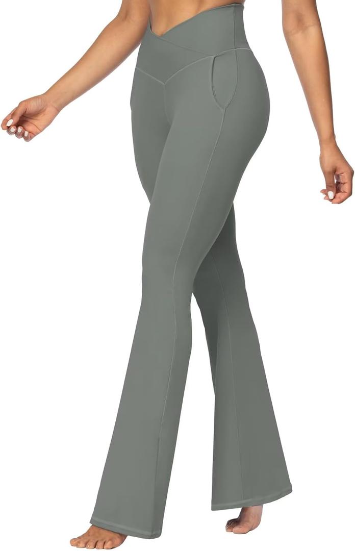 Sunzel Flare Leggings for Women with Pockets, Crossover Yoga Pants with Tummy Control, High Waisted and Wide Leg Side Pockets (Gray)