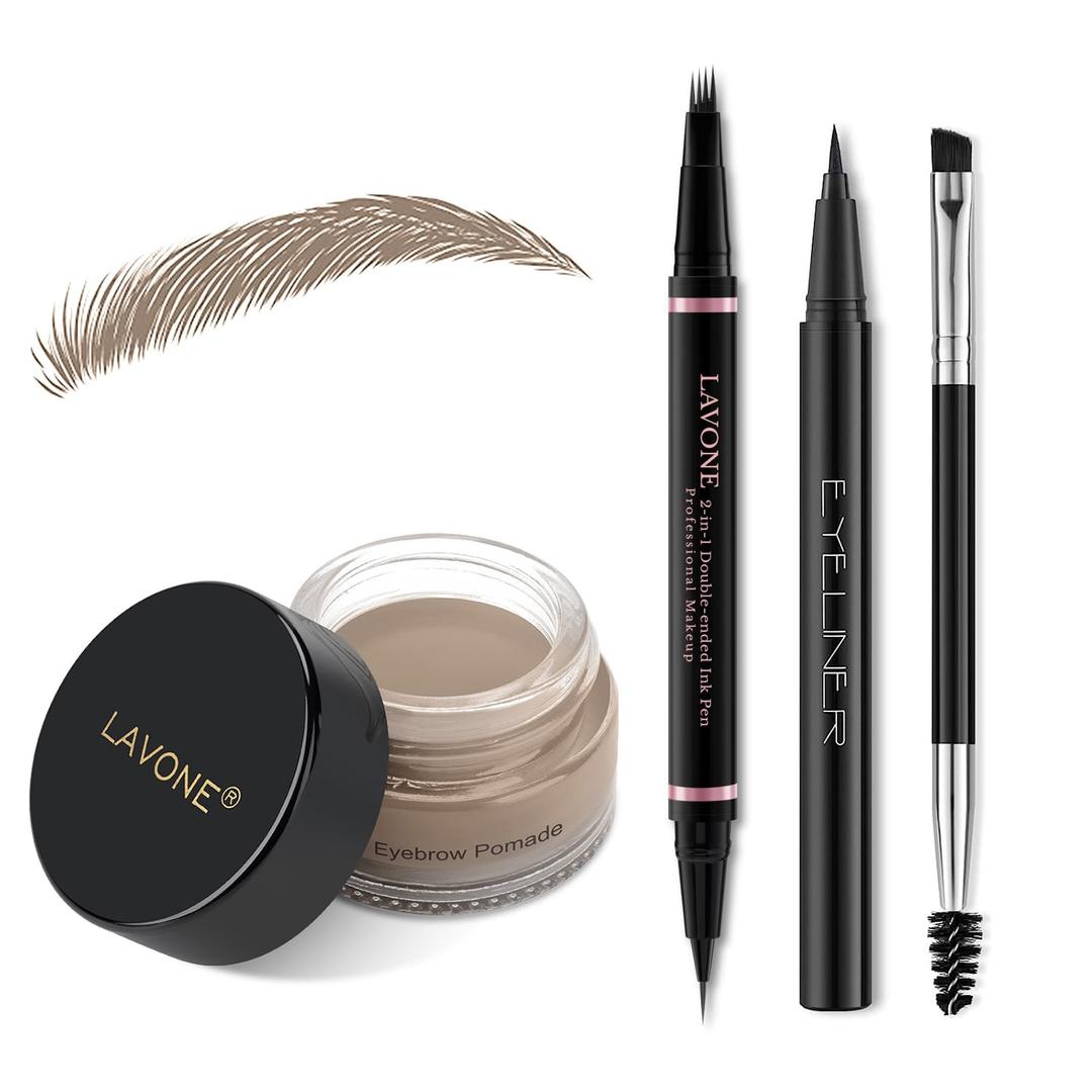 Eyebrow Pencil Makeup Kit, with Waterproof 2-IN-1 Microblading Eyebrow Pen, Eyebrow Pomade, Eyeliner and Dual-ended Eyebrow Brush, Brow Pencil Kit for Natural Eyebrows - Ash Blonde