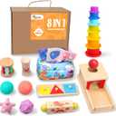 Montessori Toys for Babies 6-12 Months,1 Year Old,8 in 1 Baby Sensory Toy for 12-18 Months Toddler,Wooden Educational Development Toys with Soft Stacking Cup&Sensory Ball&Tissue Box