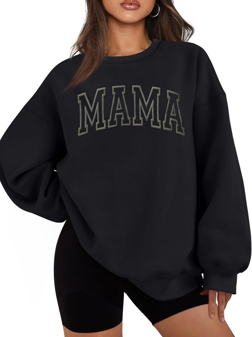 ELDPS Mama Sweatshirts for Women Embroidered Mama Shirt Oversized Mom Crewneck Pullover Hoodies Long Sleeve (Medium, Dark Grey)