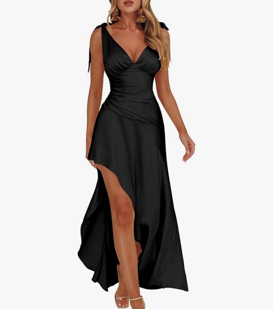 LAGSHIAN Women's Summer V Neck Sleeveless Bodycon Ruched Irregular Hem Cocktail Party Satin Flowy Maxi Dress. Size XL