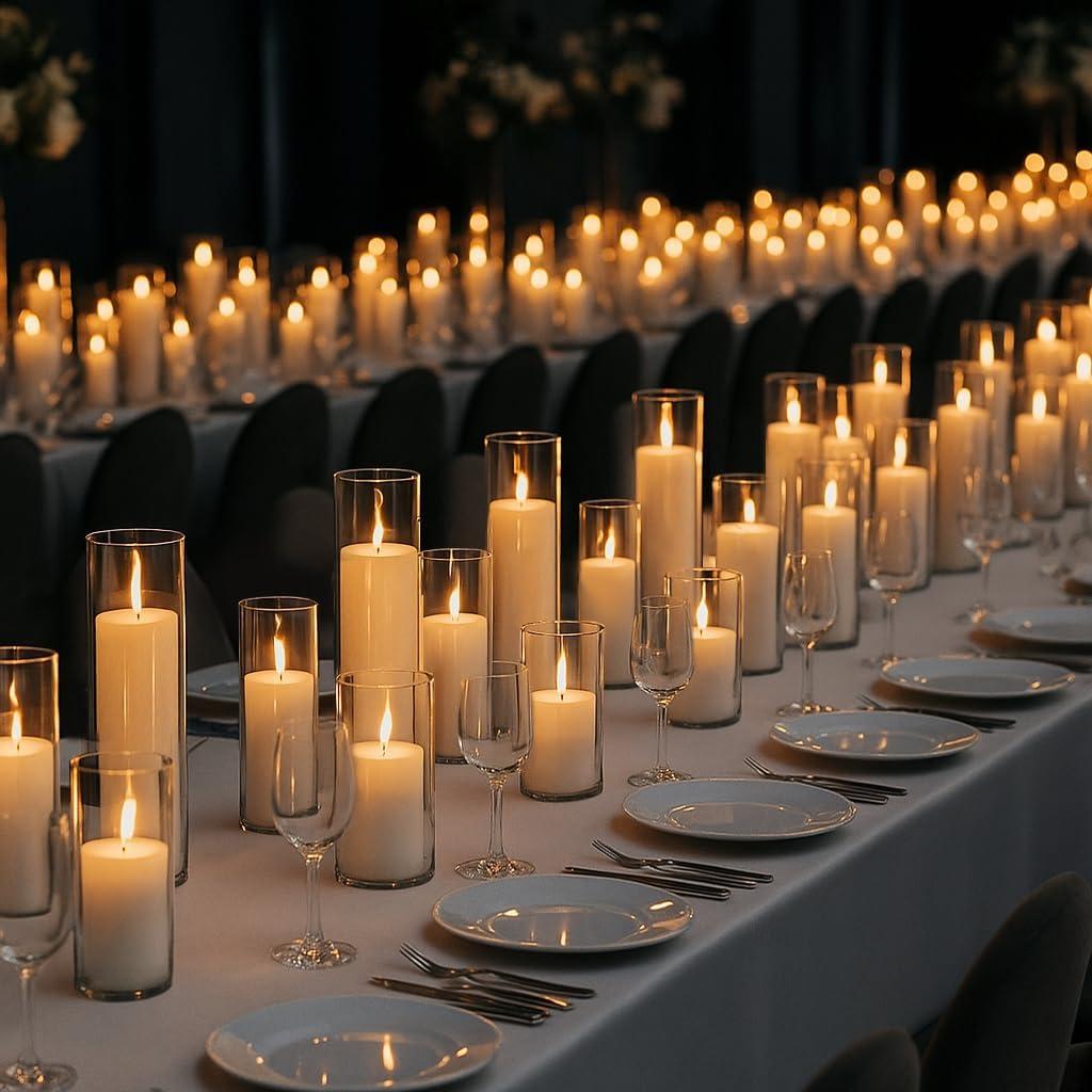 Set of 24 White Pillar Candles with Clear Glass Hurricane Holders- Elegant Cylinder Candle Vases for Weddings, Parties, Centerpieces, Home & Office Decor (White, 24 Set)