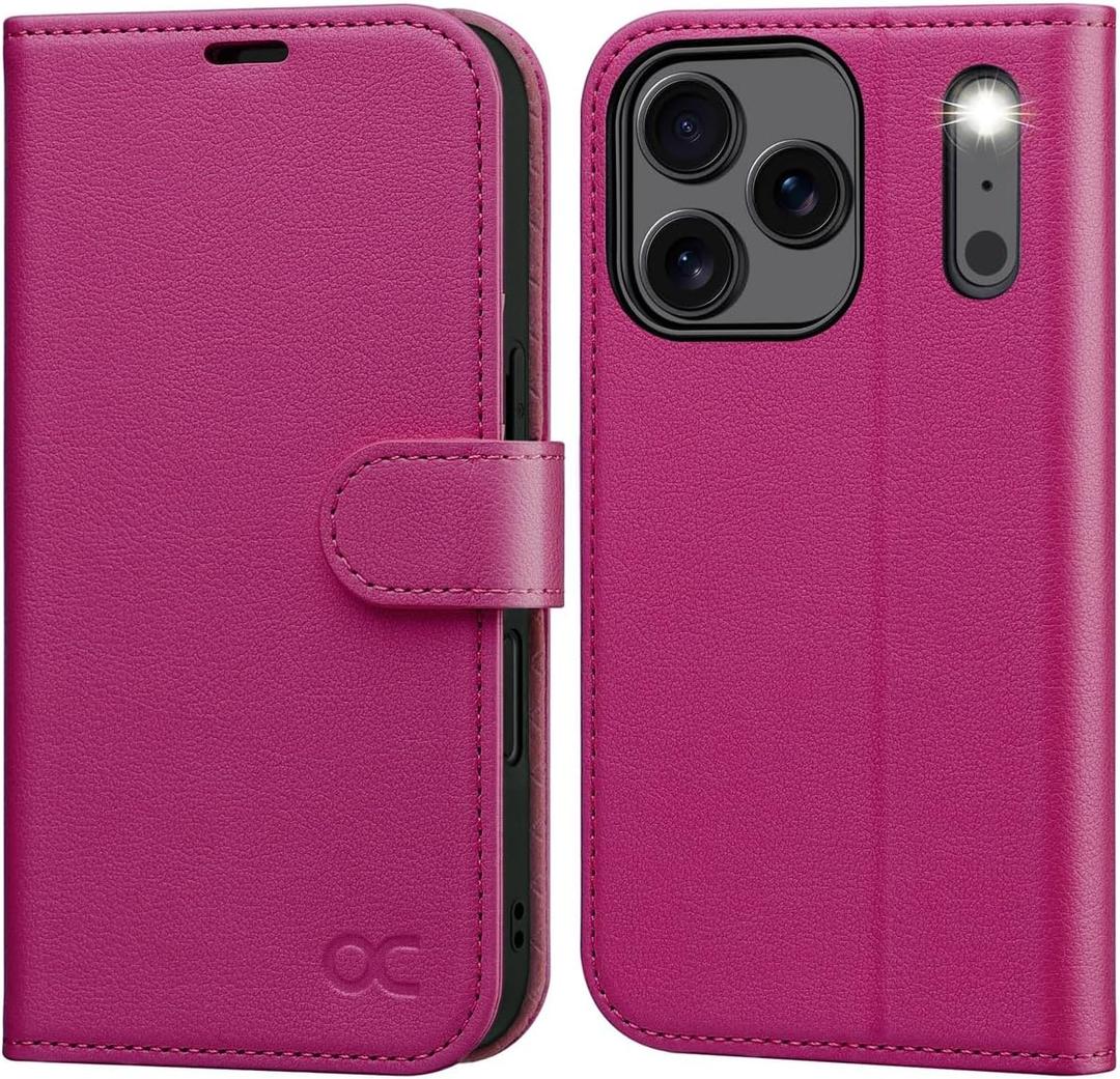 OCASE Compatible with iPhone 17 Pro Wallet Case, PU Leather Flip Folio Case with Card Holders RFID Blocking Kickstand [Shockproof TPU Inner Shell] Phone Cover 6.3 Inch 2025, Rose