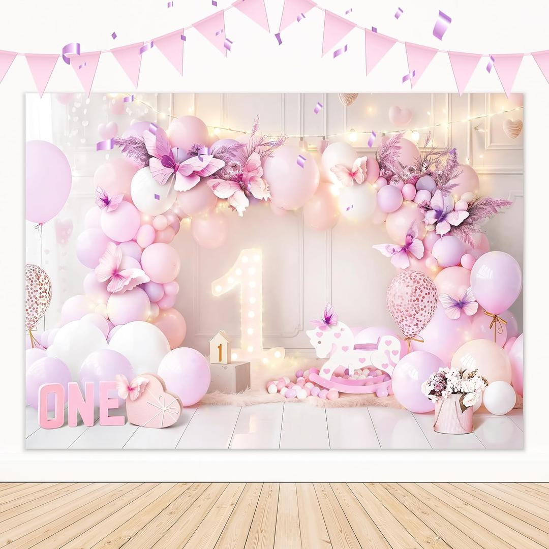 LIGHTINHOME Girl 1st Birthday Backdrop 7Wx5H Feet Purple Pink Princess Balloons Lights Butterfly First Bday Photography Background Birthday Party Decorations Photo Booth Studio Prop Fabric