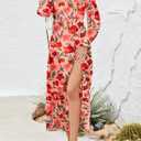 Dokotoo Women's Boho Maxi Dress Sexy V Neck Puff Long Sleeve Ruffle A-Line Split Swing Chiffon Dresses (M)