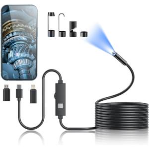 Kinpthy Endoscope Camera with Light,1920P HD Borescope Tools with 8 Adjustable LED Lights, Endoscope with Semi-Rigid Snake Camera, Inspection Borescope for iOS and Android-16.4ft Single Lens